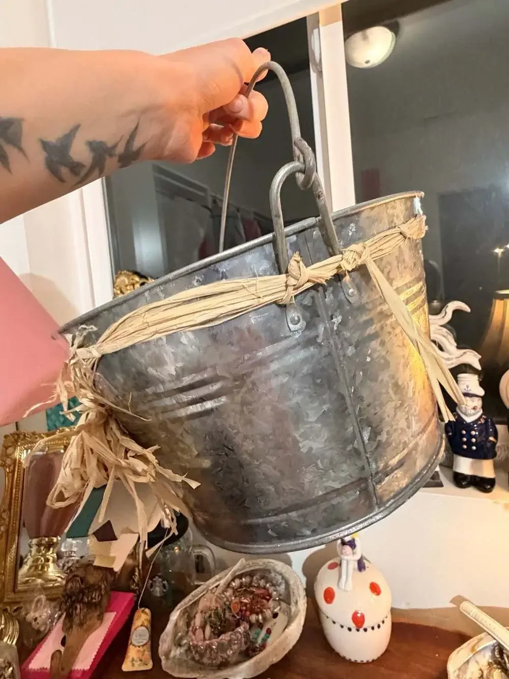 Autumn Fall Decor Bobbing For Apples Floating Candles Rustic Metal Bucket